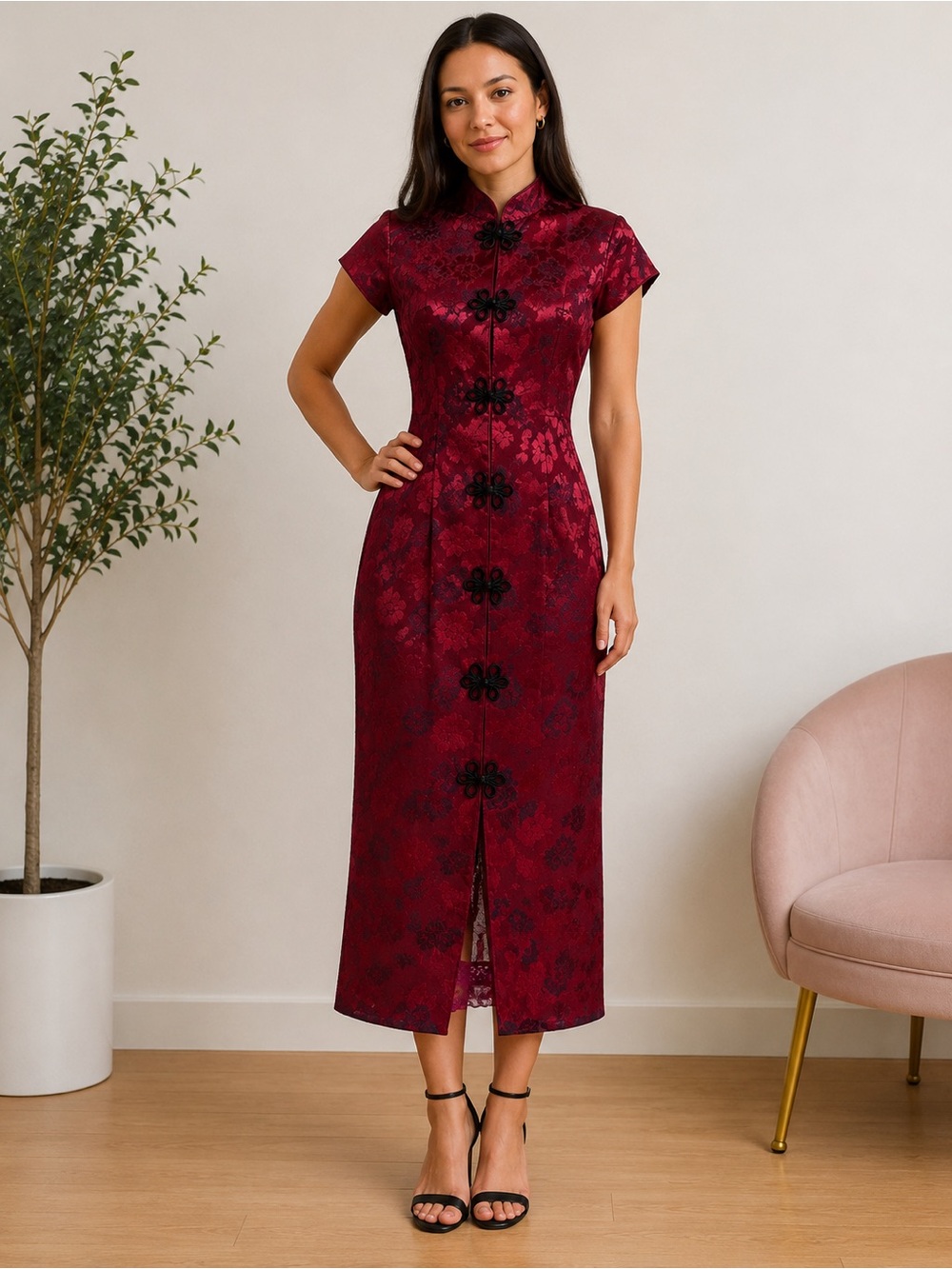 Vintage 1980s La Belle Fashions Inc Cheongsam Qipao Maxi Dress S